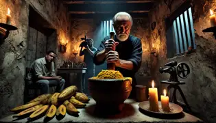 El Brujo, a mysterious chef, prepares El Mofongo Dorado under dim candlelight, as Gabriel Santos watches with unease.