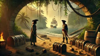 Deux navires engagés dans un combat au large d'une côte caraïbe ensoleillée, tandis que mousquets et canons tonnent.
