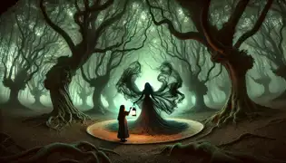 An ethereal woman appears in a circle of glowing oaks as a young girl holding a lantern gazes at her in awe.