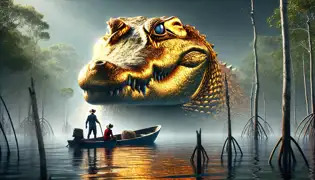  The massive golden crocodile with shimmering scales emerges in the heart of Zapata Swamp, locking eyes with a stunned team.