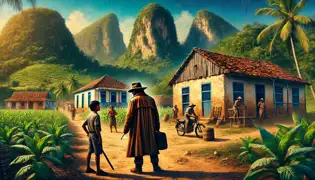 A Cuban village scene with a stranger in a hat approaching a young guide amid tobacco fields and rustic homes.