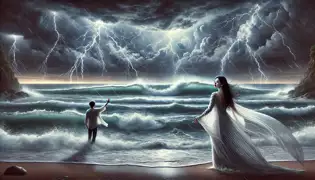 A stormy night on Haeundae Beach with crashing waves, Soorin in an ethereal robe, and Joon reaching out to her in sorrow.