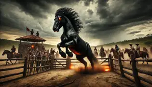 The wild stallion, El Diablo, rages in a wooden corral surrounded by nervous vaqueros as storm clouds gather above.