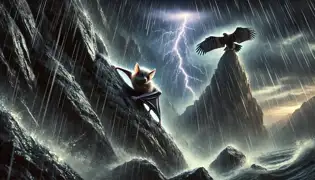 Bat climbs a stormy cliff toward Eagle, lightning flashing in the sky as rain and wind rage around him.