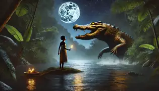 Nzinga confronts the glowing Crocodile Spirit under the moonlit sky, standing waist-deep in the Cuanza River.