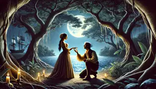 María Emilia and Gabriel meet under ceibo trees by the Guayas River, holding hands as moonlight shines on them.