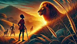 A boy encounters a lion on a rocky hill under a golden sunset, surrounded by tall grasses and rugged terrain.