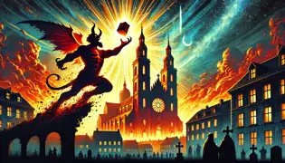 Lucifer hurling a massive stone pillar in rage as the cathedral bells toll and divine light illuminates Brno.