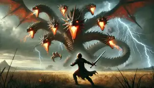 Bálint battles the Nine-Headed Dragon in a stormy field, wielding his enchanted sword as lightning flashes in the sky.