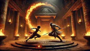 Zenzi and Njamba battle fiercely in the sacred chamber, weapons clashing as the glowing Fire Drum looms behind them in flickering torchlight.