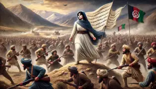 Malalai raises a white banner during the Battle of Maiwand, rallying Afghan warriors against British forces.