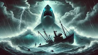 Dios tiburón elevándose sobre la embarcación hundiéndose mientras los pescadores suplican