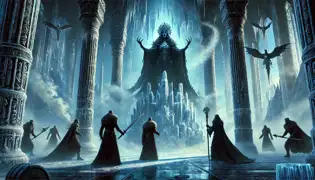 Louhi, cloaked in darkness, confronts the three heroes in her Ice Fortress, casting powerful frost magic against them.