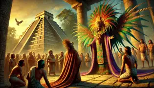 K'uk'ulkan in quetzal feather robes stands at Tikal’s gates as villagers gather in awe