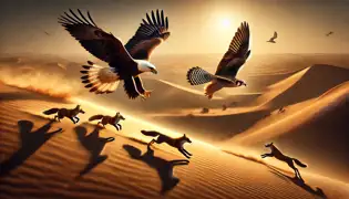 An eagle and a falcon racing across the golden desert dunes, one soaring high while the other speeds low, competing for dominance.