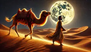 Idris follows the Golden Camel under a full moon, its glowing coat lighting the dunes of the Fezzan desert.