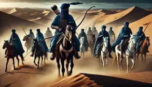 Danjuma stands firm as Tuareg warriors on horseback surround him in the desert, their swords gleaming under the harsh sun.