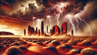Guardião ancestral enfrentando uma tempestade sobre Uluru