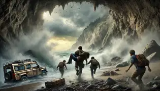 The explorers escape onto the rocky beach as the cave collapses behind them, with a storm raging overhead.