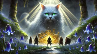 Mael Duin’s crew faces a magical giant cat guarding treasure on a fantastical island