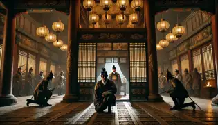 Hong Gildong, disguised as a palace guard, listens behind a screen as Minister Kim conspires with a foreign envoy.