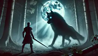 Prince Radu stands firm in a moonlit forest, facing the massive Black Wolf, whose glowing eyes flicker between rage and sorrow.