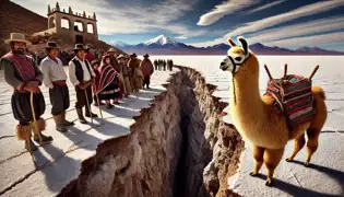 A golden llama named Inti stands before the Devil’s Crack as villagers and an explorer watch in anticipation at Salar de Uyuni.