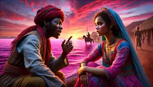 Awa and Malik sit by Lake Retba at sunset, their emotions reflecting in the glowing pink waters as Malik gestures to the horizon.