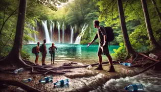 A young photographer passionately confronts tourists littering near a pristine lake at Plitvice Lakes.