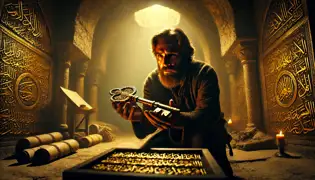 Yusuf kneels in a dimly lit chamber beneath Al-Aqsa, holding an ornate golden key surrounded by ancient artifacts.