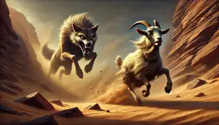 Maysar the goat sprints toward rocky terrain as Dahhak the fox lunges after him in a tense desert chase.