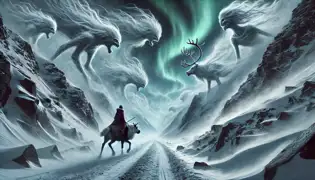 A dramatic mountain pass with swirling snow and ice-mist creatures, as the girl rides her reindeer through the storm.