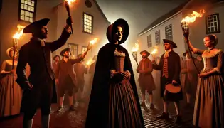 Maria de Koning stands defiantly as an angry mob with torches gathers in a Cape Colony village at night, ready to condemn her.