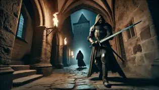 Sir Matěj cautiously patrols Karlštejn Castle’s dark corridors, searching for a hooded intruder lurking in the shadows.