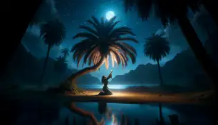 Layla kneels by the glowing ancient palm tree under a starry sky as her transformation into a palm tree begins.