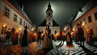 Klara stands bound in the church square, surrounded by angry villagers and torchlight during her trial.