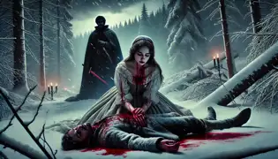 Isolde von Gravenstein kneels in the snow, holding Elias’s lifeless body, as Lord Frederick von Solm stands behind her with a bloodied sword.