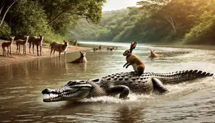 A crocodile swims powerfully across the river with a relaxed hare sitting on his back, while jungle animals watch from the shore.