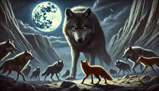 A fierce wolf and his pack confront a small but confident fox under a moonlit sky in the Afghan mountains.