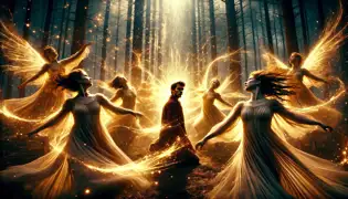 Lucian surrounded by the radiant Sânziene in a mystical forest, overwhelmed by their hypnotic, glowing dance.