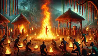 The betrayal of the Fire Children during a Kikuyu festival in a sacred grove illuminated by a central bonfire.