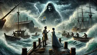 Waves crash violently at the docks as Isabella confronts Mateo holding a cursed coin, with Diego’s ghost above the chaos.