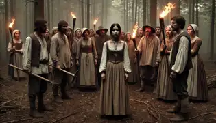 Villagers confront Klara in a forest clearing, holding torches and pitchforks, accusing her of witchcraft.