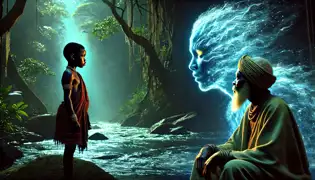 Chimponda stands before a glowing river spirit emerging from the Mukulu River, while Baba Komwe observes solemnly nearby.