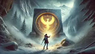 An archaeologist inserts a crystalline key into a glowing stone archway in a misty valley surrounded by snow-covered peaks.