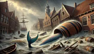 A stormy Dutch village flooded with water as a barrel holding the mermaid is swept out to sea.