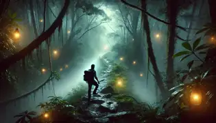 Javier climbs a misty trail in El Yunque with his guitar on his back, surrounded by glowing fireflies.