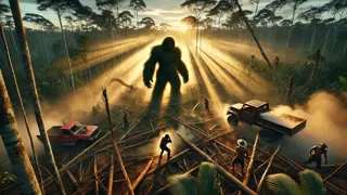 Der Mapinguari erhebt sich, um sich den Kahlschlägern entgegenzustellen, während fallende Bäume und wirbelnder Staub um ihn herum aufwirbeln.
