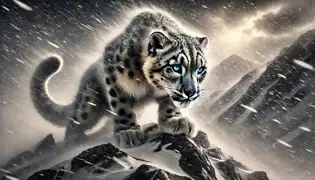 A snow leopard crouches against a fierce blizzard in the Kyrgyz mountains, its spotted fur dusted with frost.