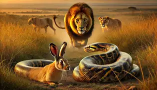 A hare and a coiled python hide in tall grass as a majestic lion with a golden mane approaches, unaware of the trap.